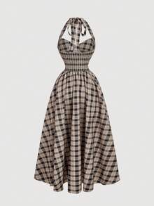 SHEIN MOD 女士复古格子露背荷叶边蝴蝶结摆裙，派对礼服，新年礼服，化装舞会礼服，生日礼服，性感长裙，蝴蝶结连衣裙，新年公主裙 - 棕色 - 查看 3