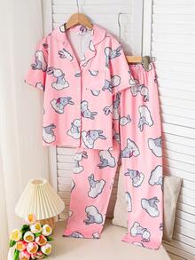 Girls Casual Comfortable Soft Pink Cloud Rabbit Pattern Pajama Set, Collared Short Sleeve Top And Long Pants 2 Pieces Loungewear - Pink - View 5