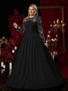 Glamrae Váy maxi voan dệt kim co giãn, tay dài đính hạt thủ công màu xám xanh sang trọng cỡ lớn, phù hợp cho đám cưới, tiệc tùng, kỳ nghỉ, dạ tiệc, sự kiện trang trọng - màu đen - Xem 6