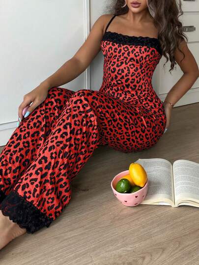 SweetSlumber Sweet Ins Colorblock Leopard Print & Lace Patchwork Women Pajama Set