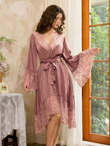Côtesoire Women Pink Satin V Neck Sleep Dress With Lace Trim Long Flare Sleeves And Knot Detail Midi Length Robe Casual Style Sexy Nightgown Lace Sleepwear Silk Lace Robe Lingerie Robe Set Nightgown And Robe Set - Pink - View 3