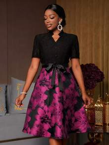 SHEIN Unity Lace Jacquard Fabric Splice V-Neck Belted Wrap Elegant Mid-Length Dress For Women - Hot Pink - View 3