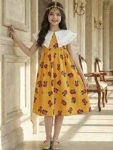 SHEIN Tween Girl Golden Yellow Rose Floral Print Patchwork Ruffle Collar Sleeveless A-Line Dress,Summer Elegant Party Girls Matching Outfits Sisters Style - Yellow - View 3