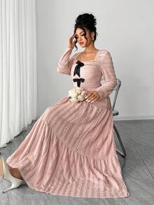 Elenzga Romantic Vintage Elegant Ruffled Texture Contrast Bow 2 Pieces Set, Casual Fashion For  Day - Pink - View 5
