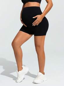 SHEIN Pregnant Women's Solid Color Elastic Waist Casual Fitness Shorts,Word Cup - Black - View 8