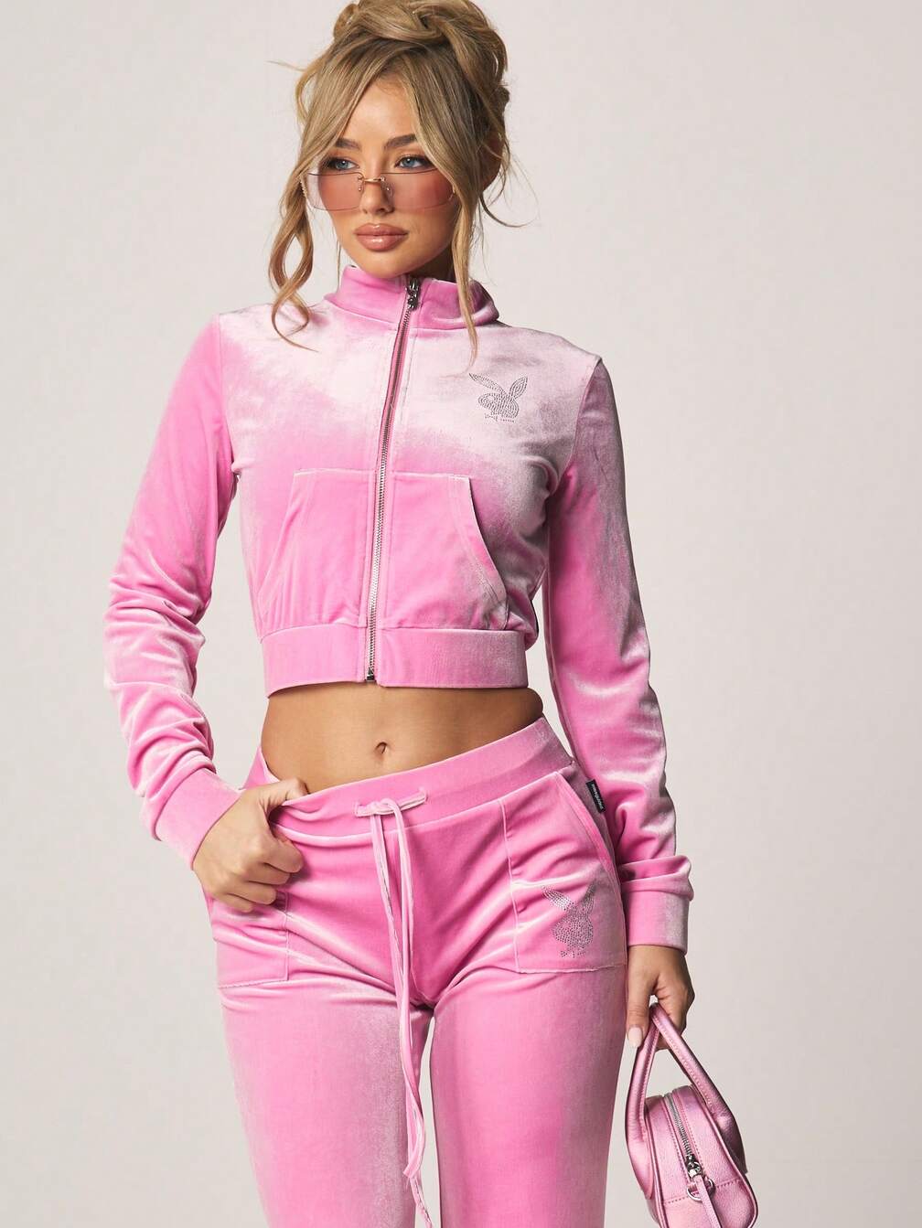 Missguided x Playboy Pink Velour Zip Up Jacket With Rhinestone