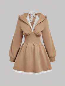 SHEIN MOD Vestido sudadera con capucha de talla grande con parches de encaje de color contrastante - Camel - Ver 1