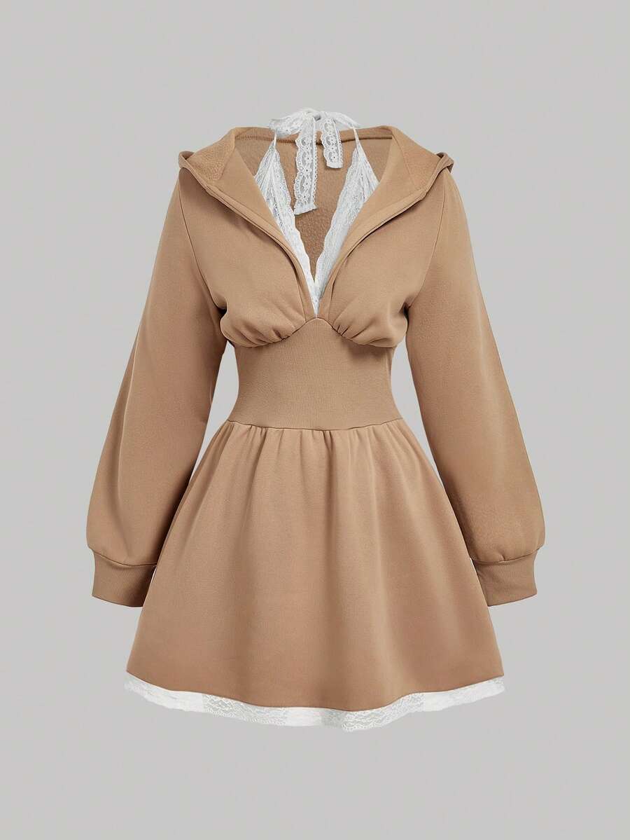 SHEIN MOD Vestido sudadera con capucha de talla grande con parches de encaje de color contrastante - Camel - Ver 1