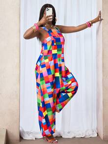 BamGleam Women Casual & Sweet Plaid Print Tie-Up Wide Leg Jumpsuit, Suitable For Going Out & Daily Wear & Romantic - Multicolor - View 6