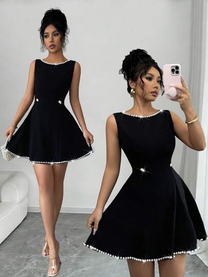 Rafferiza 女士时尚小黑裙，无袖收腰A字迷你连衣裙，饰有珍珠，春夏款