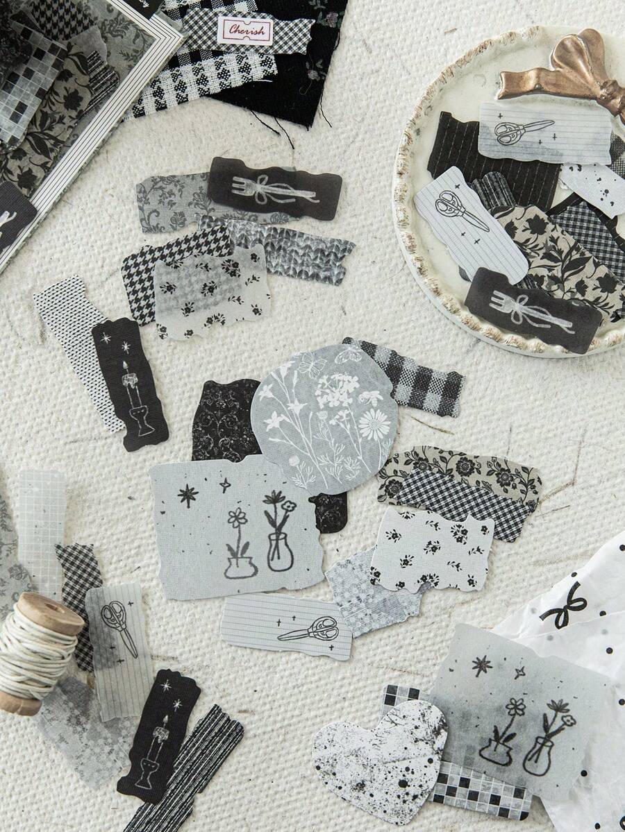 50张/包复古布艺手撕剪贴簿贴纸，创意美学装饰，适用于DIY工艺品、礼物、个性化剪贴簿、学习用品、返校季等。 - 黑色 - 查看 1