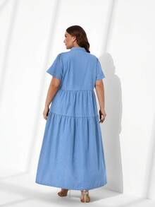 EMERY ROSE Plus Size Solid Color Front Button Ruffle Hem Short Sleeve Denim Dress - Light Wash - View 2