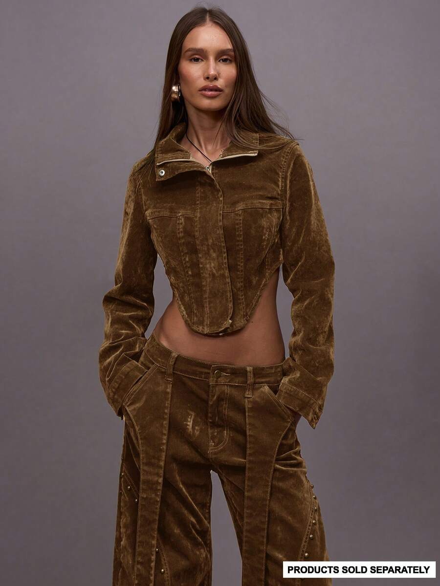 MUSERA Áo khoác lửng cài cúc phía trước, vạt áo bất đối xứng - màu nâu - Xem 1