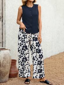 EMERY ROSE 女士休闲纯色纽扣前开襟背心和印花长裤两件套，夏季 - 彩色 - 查看 4