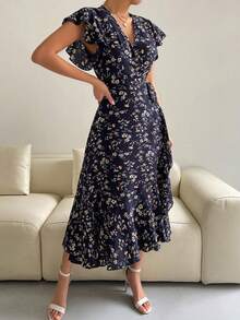 Breezaya Maxikleid für Frauen mit Blume Muster, Schmetterlings-Ärmeln und Knoten an der Seite, in Burgunderrot - marineblau - Übersicht 8