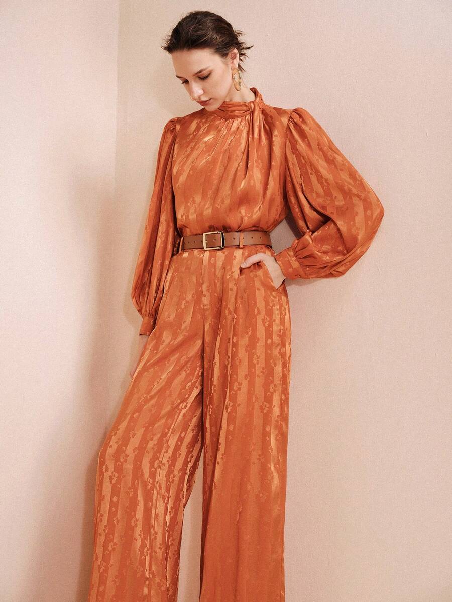 Arave Women's Woven Casual Puff Sleeve Design Stand Collar Long Sleeve Jumpsuit, Party Outfit Orange Outfit Women Straight Trousers Burnt Orange Outfits - Orange - View 1