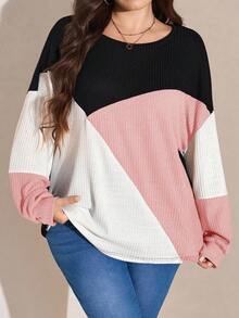 SHEIN LUNE Plus Size Casual Contrast Color Round Neck Lantern Sleeve Sweatshirt, Autumn Plus Size Fall Clothes - Pink - View 4