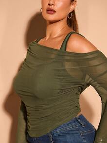 SHEIN X Phaith Montoya SHEIN BAE Blusa elegante y dulce de manga larga asimétrica con hombros descubiertos y diseño de trompeta, en talla grande, color verde, adecuada para salidas diarias y citas - Verde - Ver 6