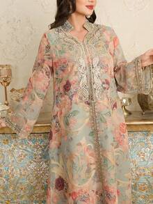 Al Najma Spring/Summer Flared Sleeve Stand Collar Beaded Floral Trim Maxi Arabian Dress - Multicolor - View 7