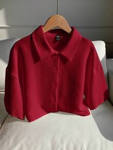 Comfortcana 女士休闲日常通勤简约纯色落肩宽松短款衬衫，春夏秋季 - 酒紅色 - 查看 4