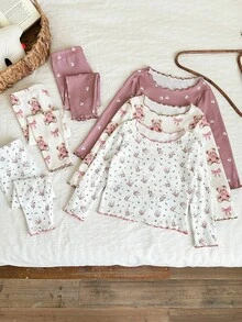 LMoss Kids Bộ đồ mặc nhà 2 món cho bé gái, chất liệu dệt kim, họa tiết hoa và gấu, cổ bèo nhún, gồm áo thun và quần. - Màu Hồng baby - Xem 3
