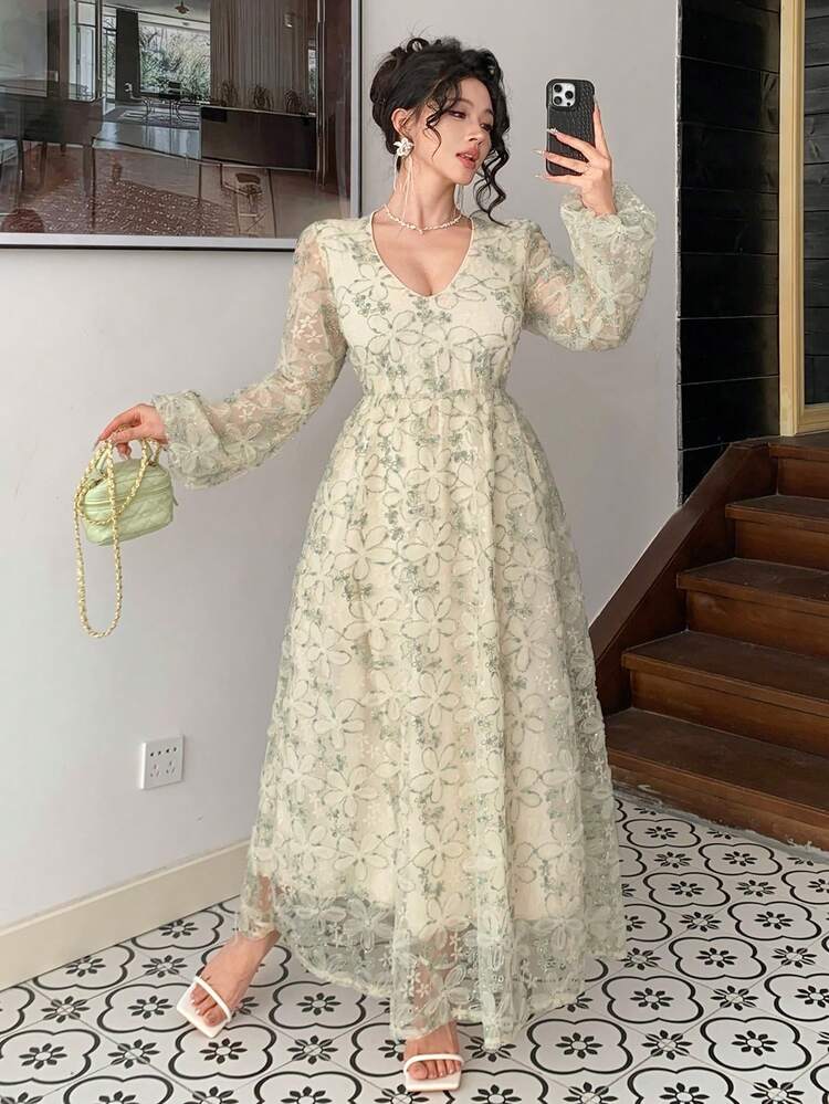 White Floral,Autumn,Elegant,Tea Party V-Neck Mesh Patchwork Maxi Dress For Women,Organza Shiny Sequin Slim Fit Wedding Party Banquet Ball Gown Dress