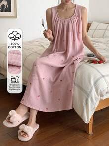 DAZY Cherry Print All-Over Textured Chiffon Fabric Sleeveless Loose Women Nightgown - Pink - View 3