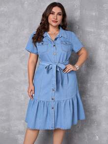 EMERY ROSE Plus Size Women Short Sleeve Single-Breasted Ruffle Hem Casual Denim Shirt Dress - Blue - View 5