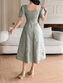 DAZY Đầm nữ thanh lịch in hoa, cổ vuông, tay phồng, thích hợp cho mùa hè, xuân hoặc lễ Phục sinh. - màu xanh lá - Xem 2