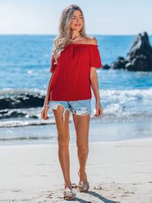 Sylviya Off Shoulder Frill Trim Blouse - Red - View 4