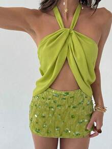 Aloruh 一套金属金色年轻女歌手音乐节露背吊带背心+亮片迷你裙短裤 - 綠色 - 查看 4