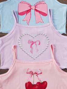3 Stücke/Set Mädchen Lässig Süß Cartoon Herz, Schleife, Kirsche Muster Weste und Shorts Pyjama Set, Sommer - Verschiedenfarbig - Übersicht 7
