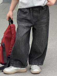 DAZY Young Boy Elastic Waist Pocket Loose Wide Leg Casual Jeans Spring - Black - View 5