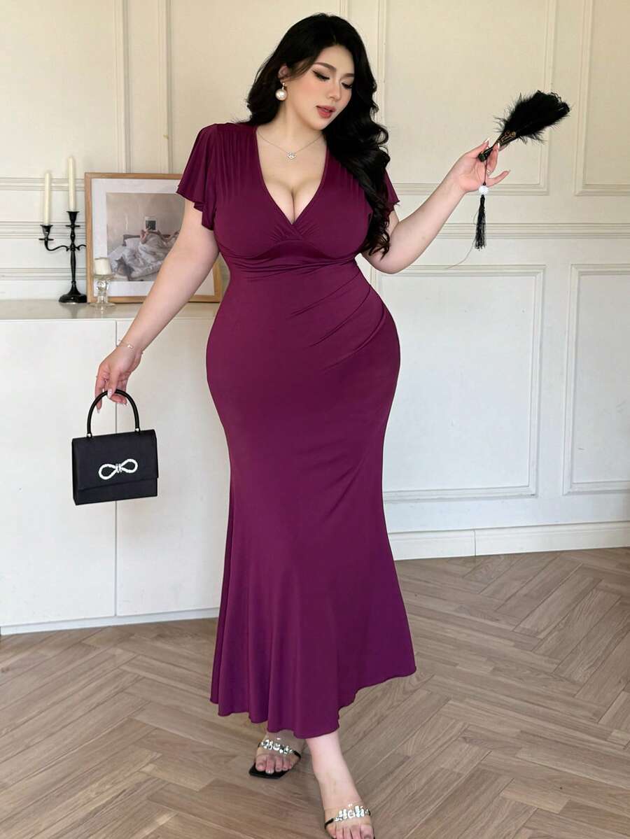 Vibekara Plus Size Women V-Neck Ruched Sexy Fishtail Skirt - Purple - View 1