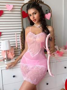 PetitDoll 2pcs Lace Contrast Mesh Wireless Sexy Lingerie Set For Women - Pink - View 4
