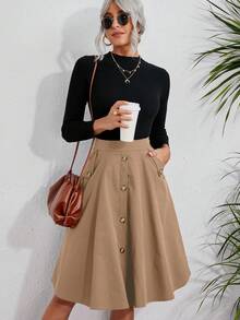 SHEIN PETITE New Elegant Casual Beach Vacation A-Line Skirt With Pockets And Buttons For Women, Spring/Summer - Khaki - View 3
