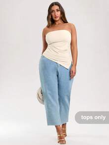 SHEIN BAE Plus Size Women's Tube Top Solid Color Beige Stretch Knitted Tight Ruffled Asymmetrical Design Hem Tank Top