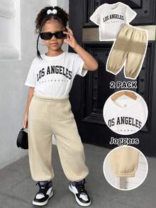 2 piezas Conjunto de camiseta de manga corta y pantalones de punto primaveral casual y lindo para niña - Blanco - Ver 1