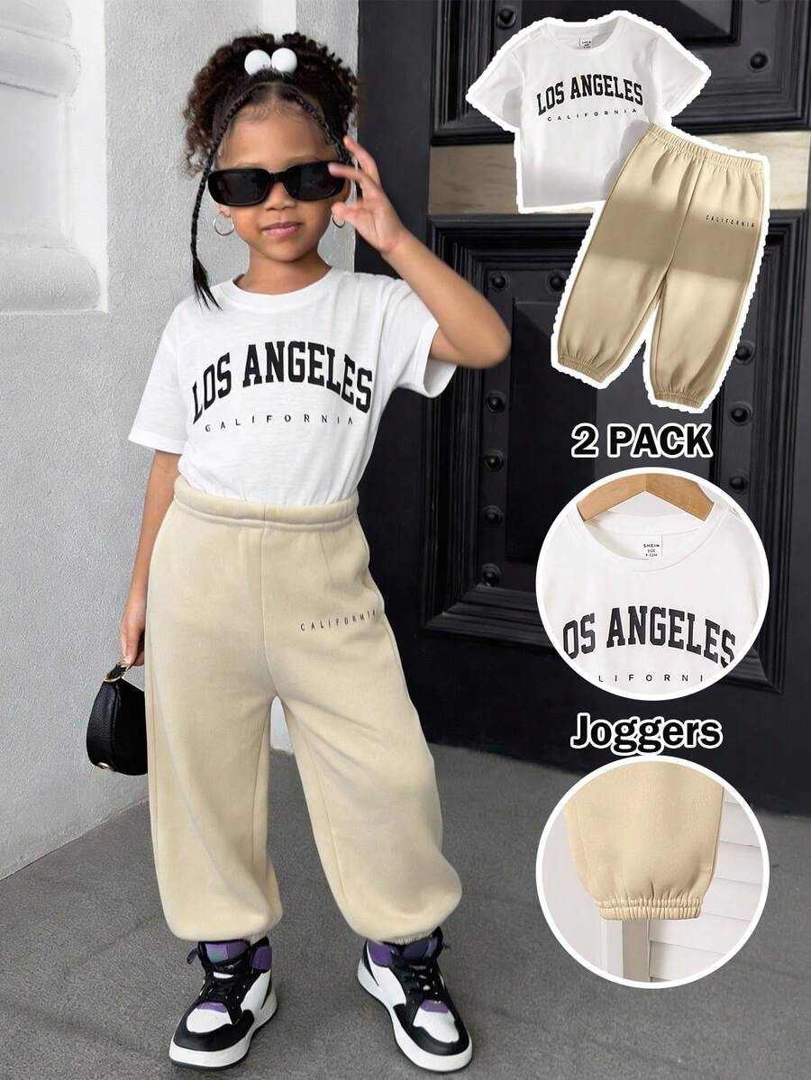 2 piezas Conjunto de camiseta de manga corta y pantalones de punto primaveral casual y lindo para niña - Blanco - Ver 1