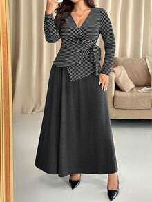 Vionelle Plus Size Floral & Striped Top With Solid Color Knit Skirt 2 Piece Set, Casual Soft Fabric, Minimalist Design, Elegant Classic Dress Modest Wrap Dress Women Knit Maxi Dress Long Casual Dress Long Sleeve Elegant Dress Maternity Dress Casual New Arrivals Women Dress Dresses For Women Long Sleeve - Multicolor - View 3