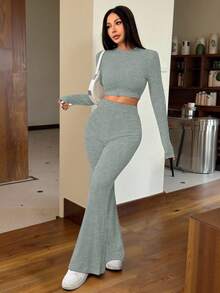 SHEIN EZwear 两件套女士休闲纯色针织圆领长袖修身短款T恤和高腰喇叭裤 - 薄荷綠 - 查看 5