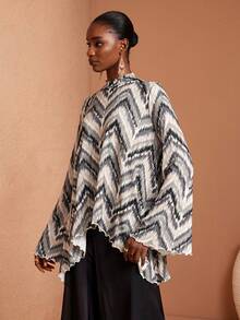 JIAN LASALA 全印花高领喇叭袖宽松A字针织上衣，女士度假休闲上衣，优雅女式高低摆上衣，不对称上衣，端庄上衣，沙滩婚礼宾客装扮 - 彩色 - 查看 5