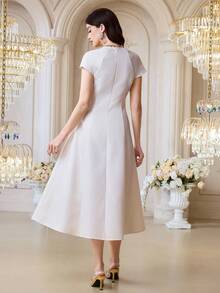Modelyn Women's Swan Collar Cap Sleeve Floral Embroidery Elegant Mid-Length Dress Wedding Party Dress Bridesmaid Dress - Apricot - View 2