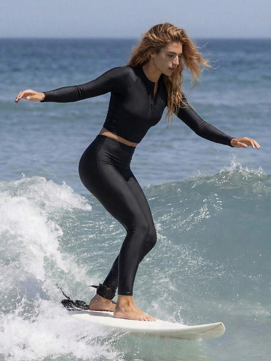 Swim SPRTY 3件套女士黑色长袖长裤吊带比基尼沙滩泳衣，防晒休闲度假泳装 - 黑色 - 查看 1