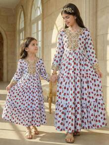 SHEIN Tween Girl Light Blue Floral Autumn Elegant Tea Party Maxi Dress, Woven Ditsy V-Neck Gold Embroidered Ribbon Ruffle Hem 3/4 Sleeve Cinched Waist Boho Gown - Baby Blue - View 11