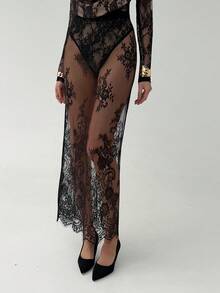 Aloruh Women's Sexy Sheer Lace Skirt - Black - View 5