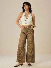 Felipe Marques Women's Floral Print Long Denim Jeans, Casual Vacation Wear For Autumn, Winter, Spring - Khaki - View 4