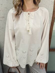 Vivie Lora Women's Vacation Tie Collar Raglan Lantern Sleeve Loose Blouse Long Sleeve - White - View 1