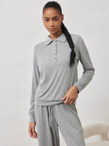 Ocili 2 Stücke schickes, legeres und bequemes Pyjama Set, Bambus-Faser Kragen & Knopf Langarm-Oberteil und lange Hose, Sommer - Grau - Übersicht 6