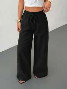 SHEIN PETITE Women's Summer/All-Season Country Concert Going Out Beach Boho Basic Minimalist Washed 100% Cotton Curved Hem Pants - Black - View 5